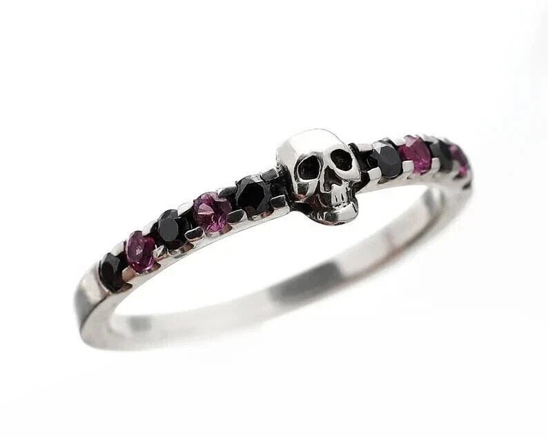 2 Ct Round Cut Simulated Pink Ruby Women’s Skull Band Ring 14K White Gold Plated