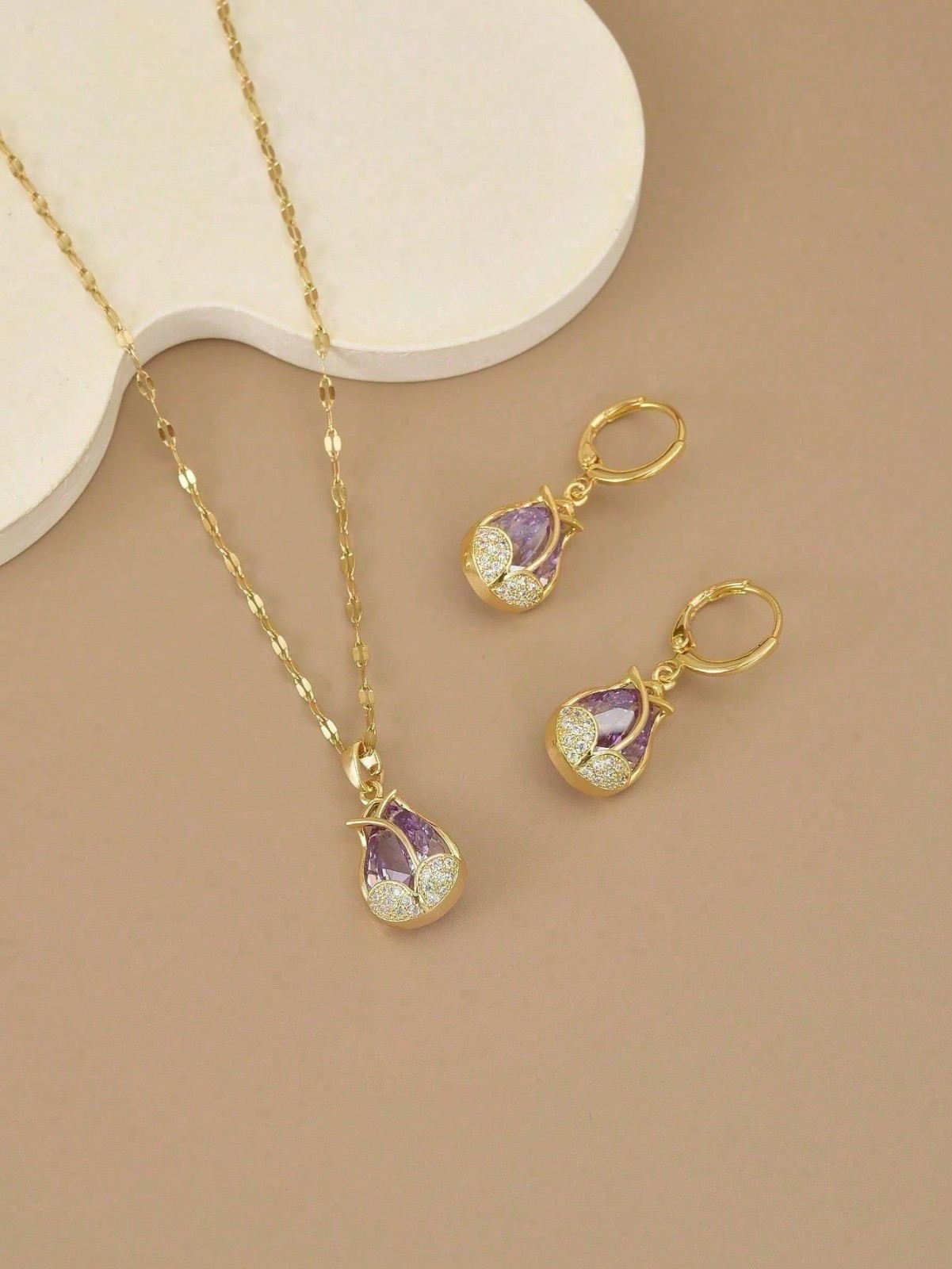 3Pcs/Set Stainless Steel Tulip Decorated With Full Rhinestone Necklace For Women