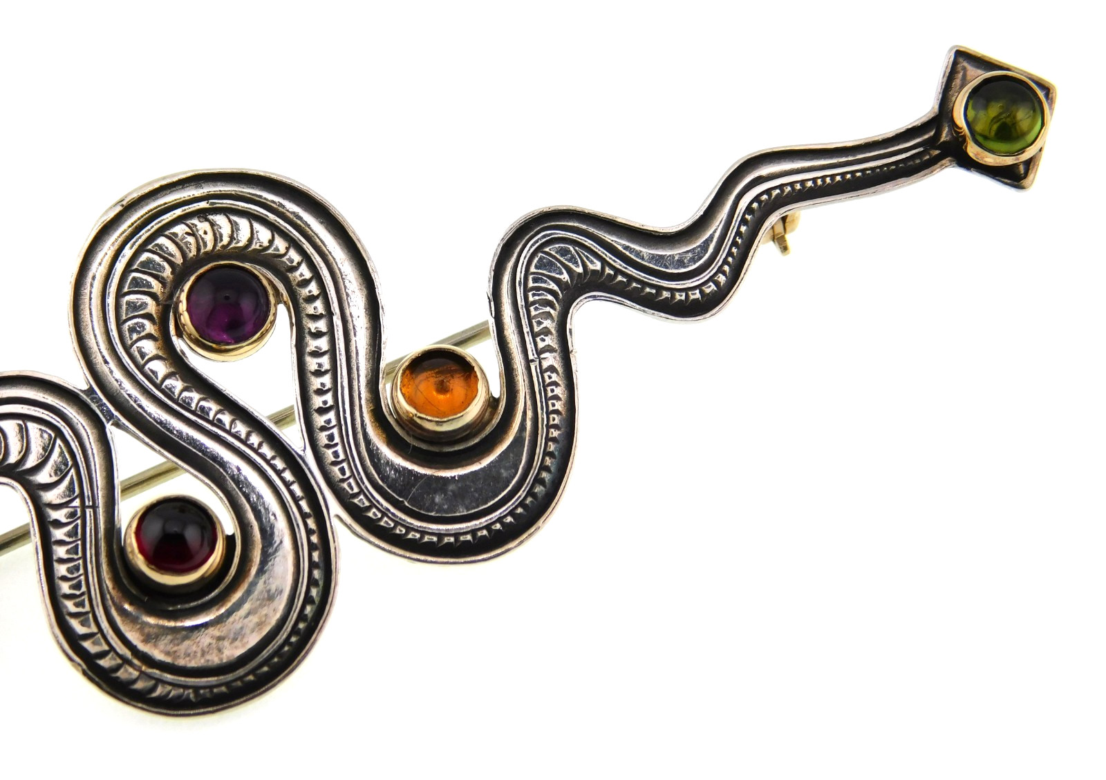 1990’s Kit Carson 925 Sterling Silver Snake w Multicolor Gemstones Brooch Pin