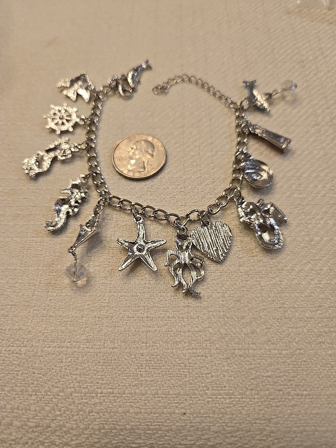 Sea Creatures Charm Bracelet 8″ L Beautiful Silver Tone, 2″extender-10″, Anklet