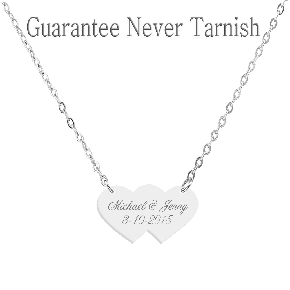 Personalized Name Double Heart Necklace Silver Gold Stainless Steel Custom