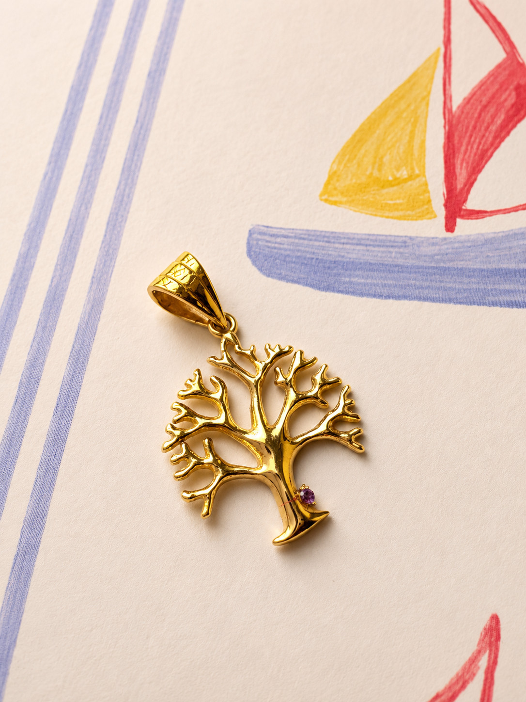 Real 14K Yellow Gold Tree of Life Pendant Purple CZ Family Charm Spiritual Gift