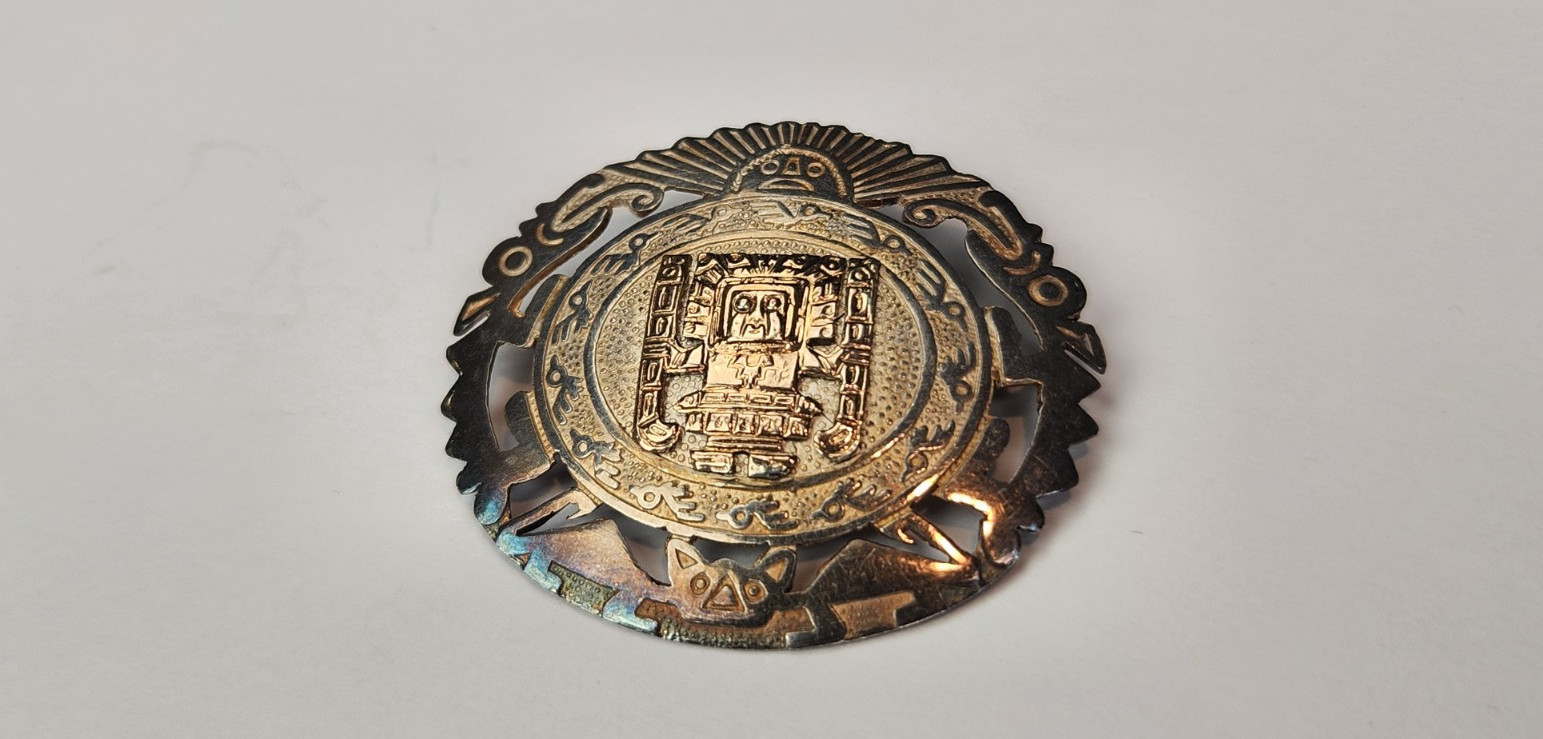 Vintage Peru STERLING SILVER & 18K GOLD Aztec Mayan Brooch