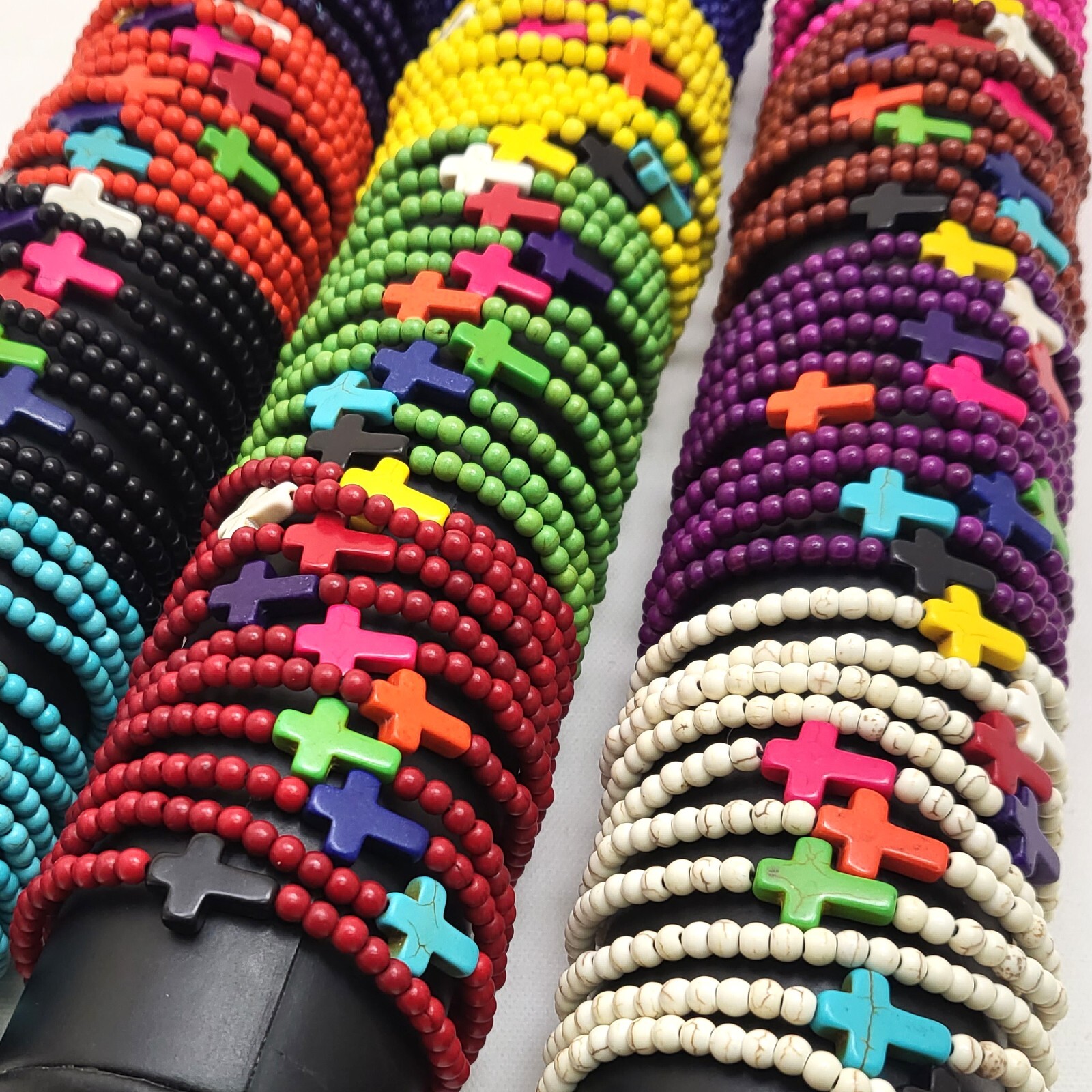 Cross Bracelet Handmade Beaded Howlite Turquoise Bead 7.5″ 4mm Halloween Gift