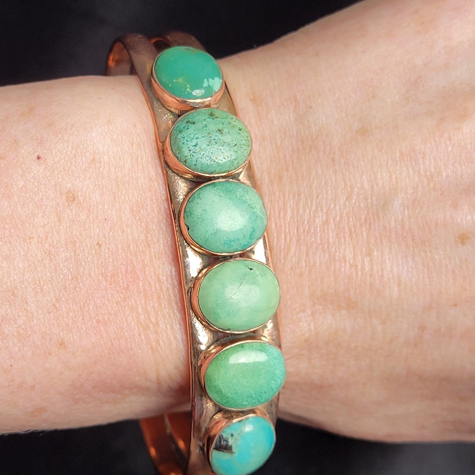 Turquoise Circles Copper Cuff Size 7.5+ Artisan-Made Wow Color! Unique Design