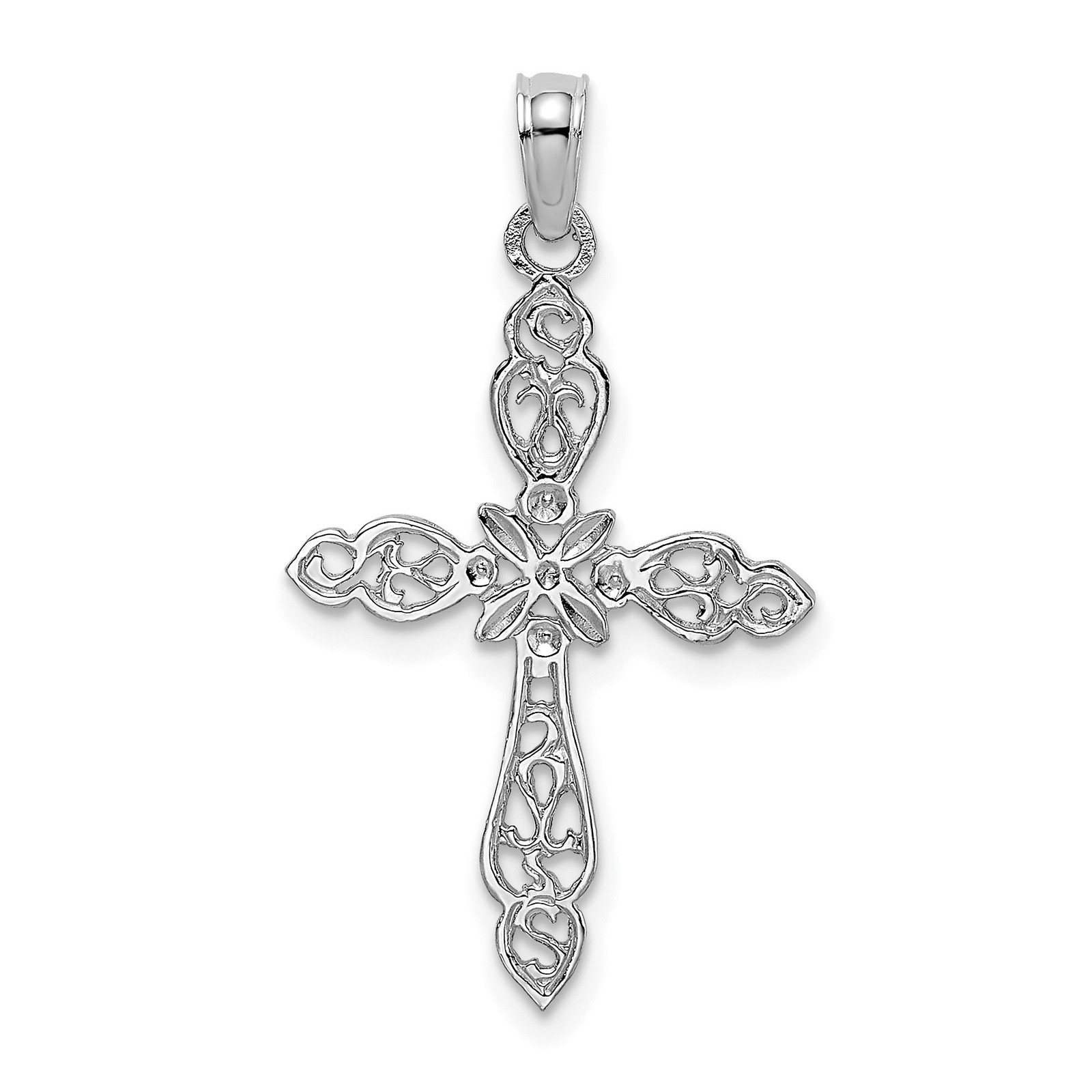 14k White Gold Cross Pendant Necklace Vintage Filigree Floral for Men Women