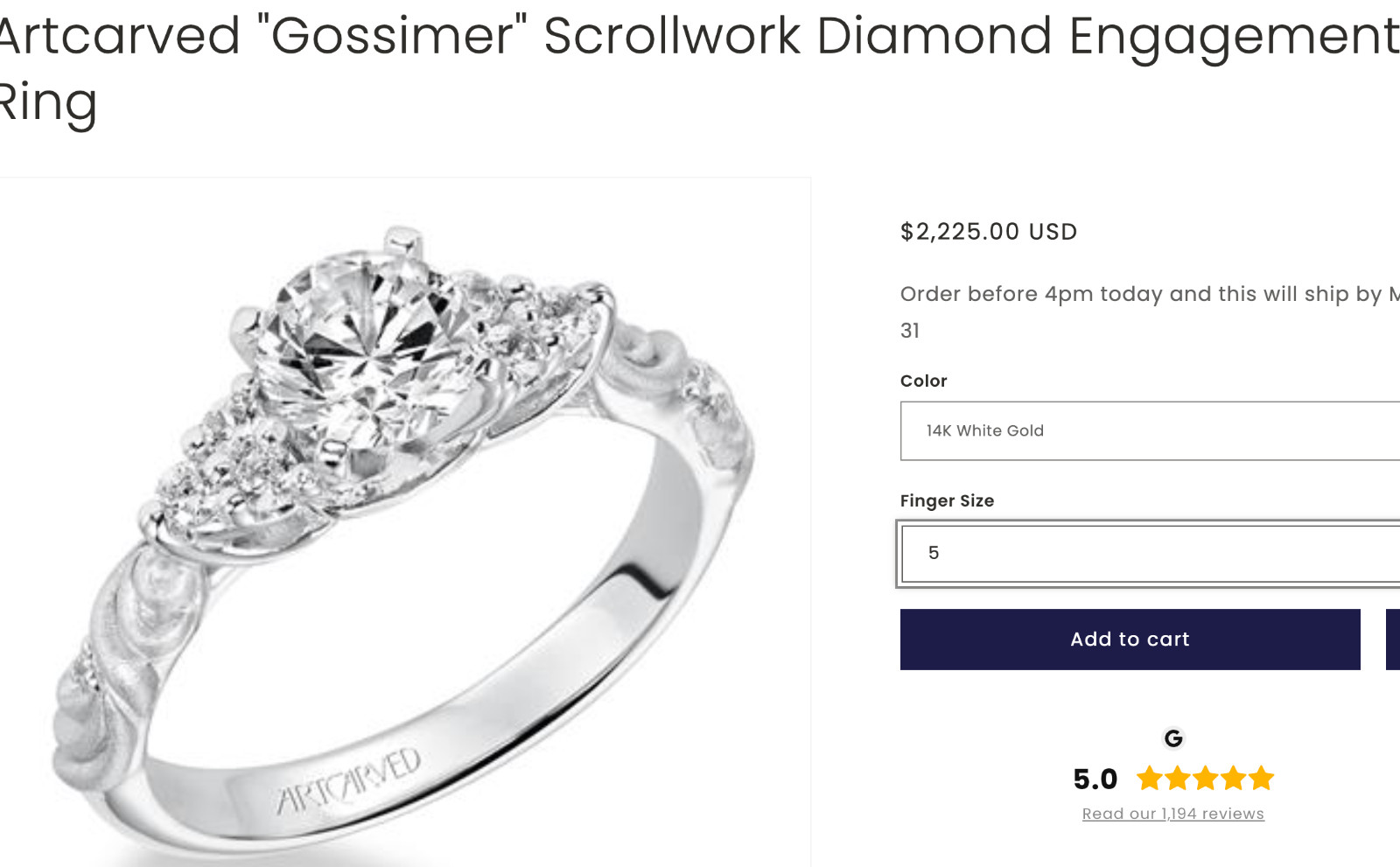 14K White Gold 1CT Diamond Ring Wedding Set $5375 Floral “Gossimer” by ARTCARVED