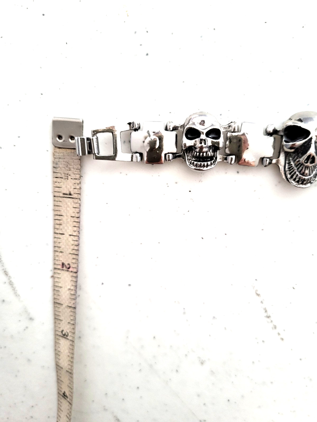 Biker gothic-style steel skull link chain bracelet