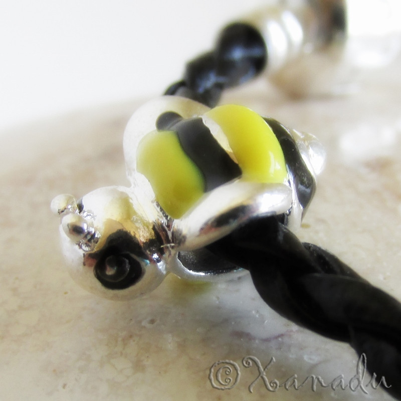 Bumble Bee Black Leather European Charm Bracelet With Yellow Black Enamel Beads