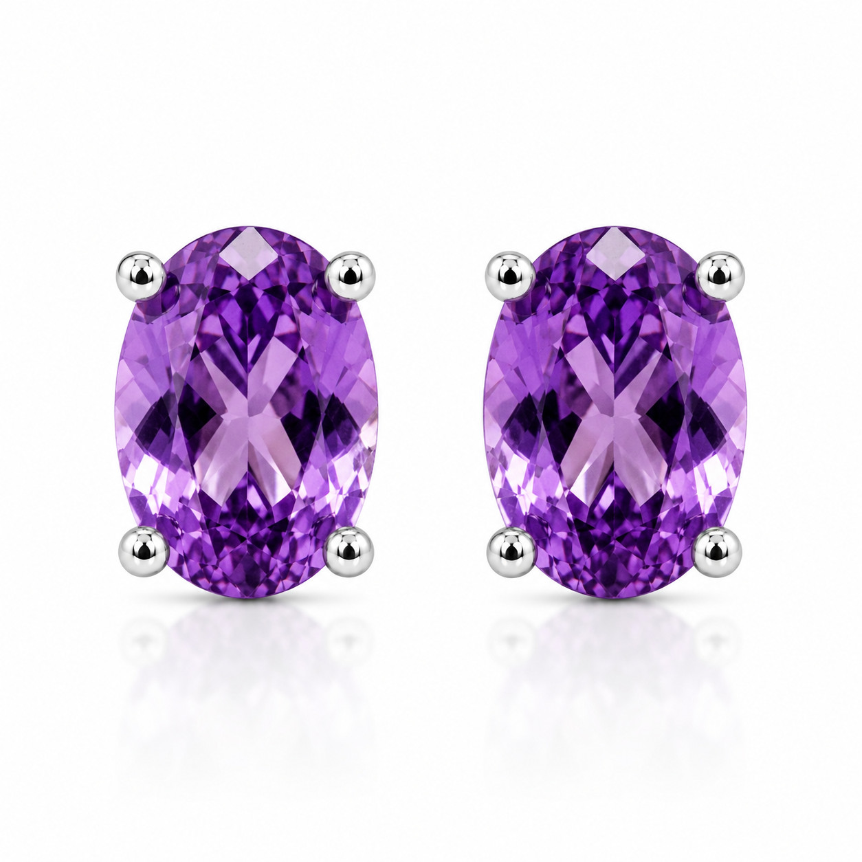 Natural 4x6mm Oval Amethyst Stud Earrings 925 Sterling Silver Platinum Plated