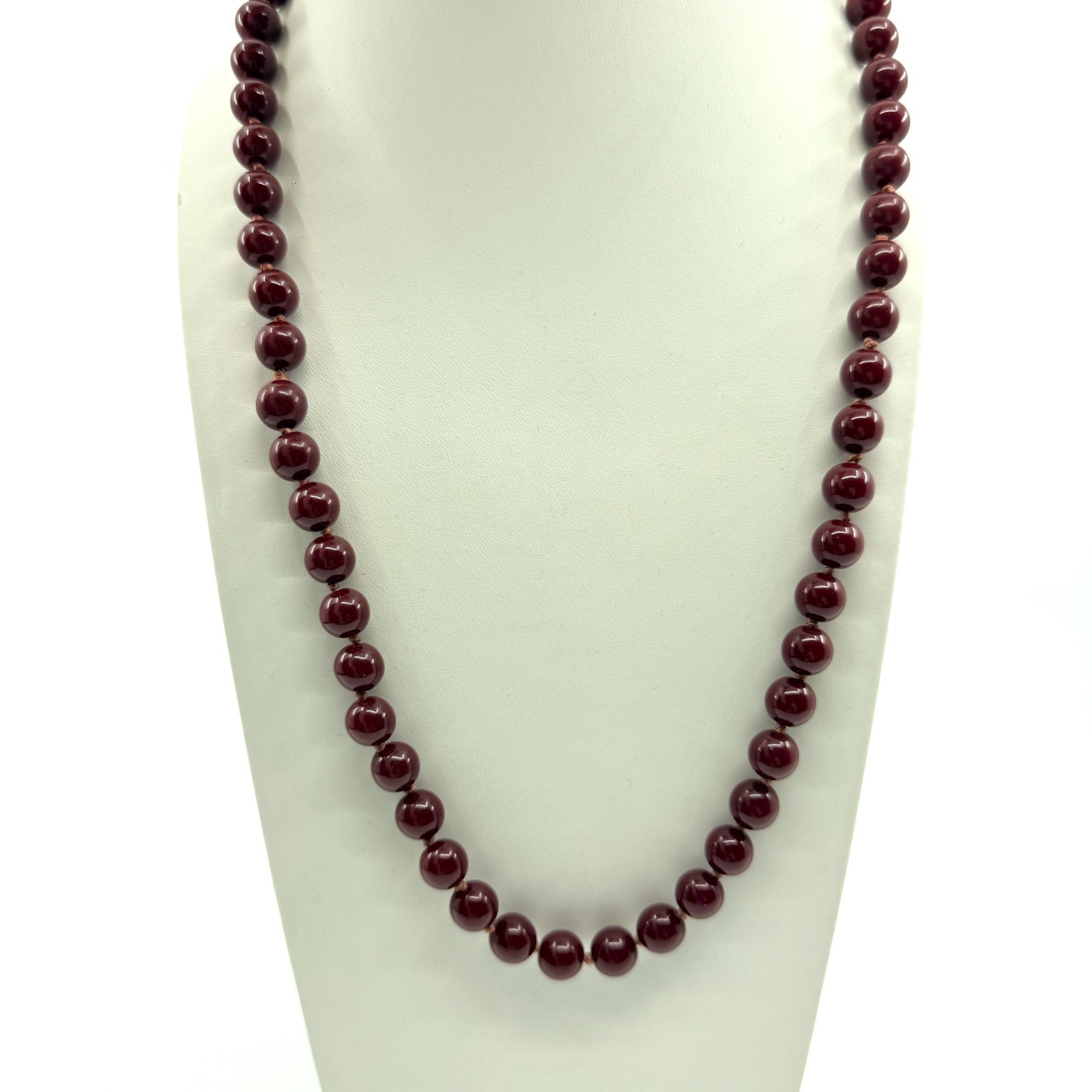VTG Burgundy Red Glass Simulated Pearl Knotted Strand Necklace Boho Retro
