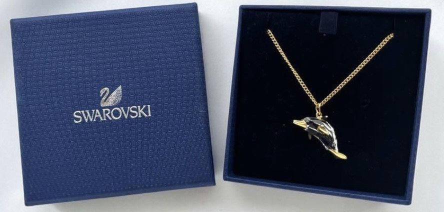 Swarovski Crystal Dolphin Pendant Necklace Gold Tone Animal Theme Chain Jewelry