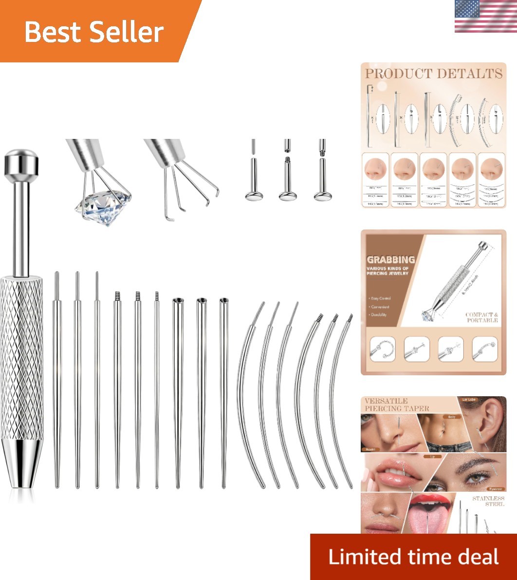 Ergonomic 2PC Stainless Steel Piercing Grabber Tool Set for Easy Jewelry Changes
