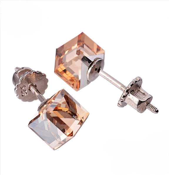 Men’s Women’s 925 Sterling Silver Crystal 3D Cube Stub Screw Back Earrings BROWN