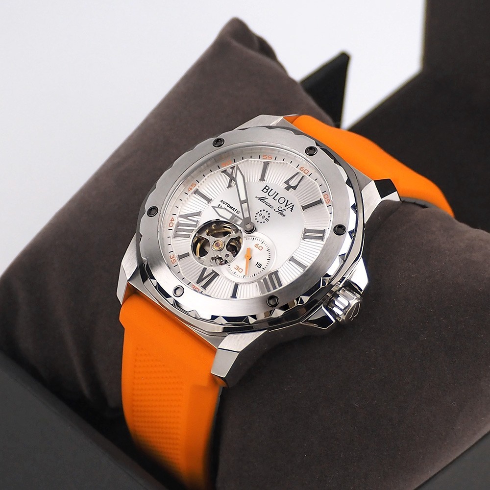 Bulova Marine Star Series A 98A226 Orange Silicone Strap Men’s Automatic Watch