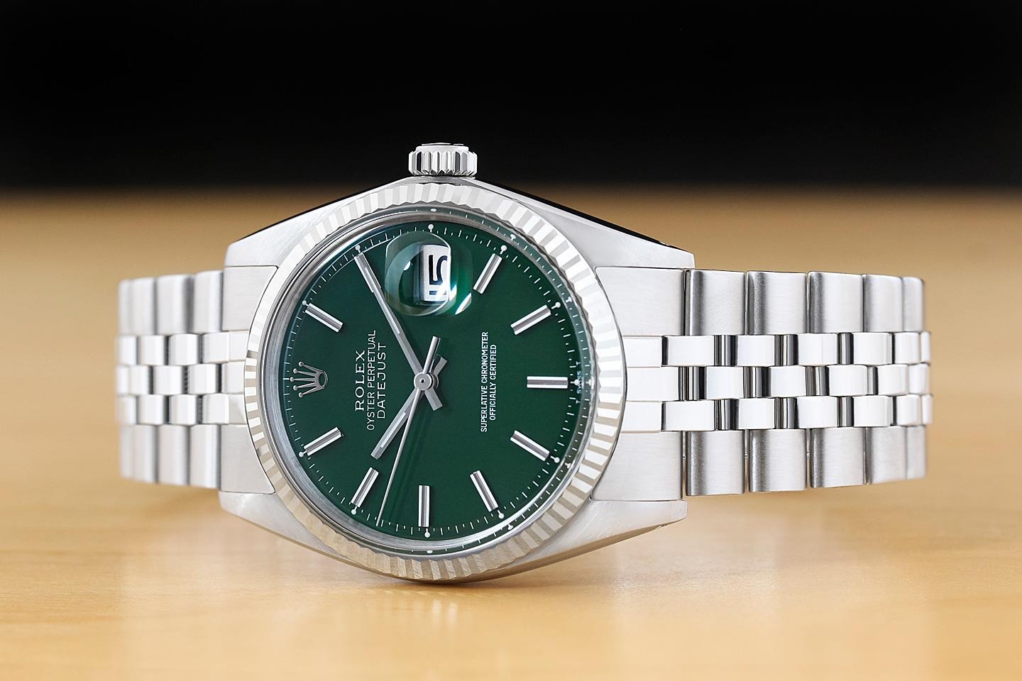 ROLEX DATEJUST 1601 18K WHITE GOLD STEEL GREEN DIAL FOLDED BRACELET WATCH