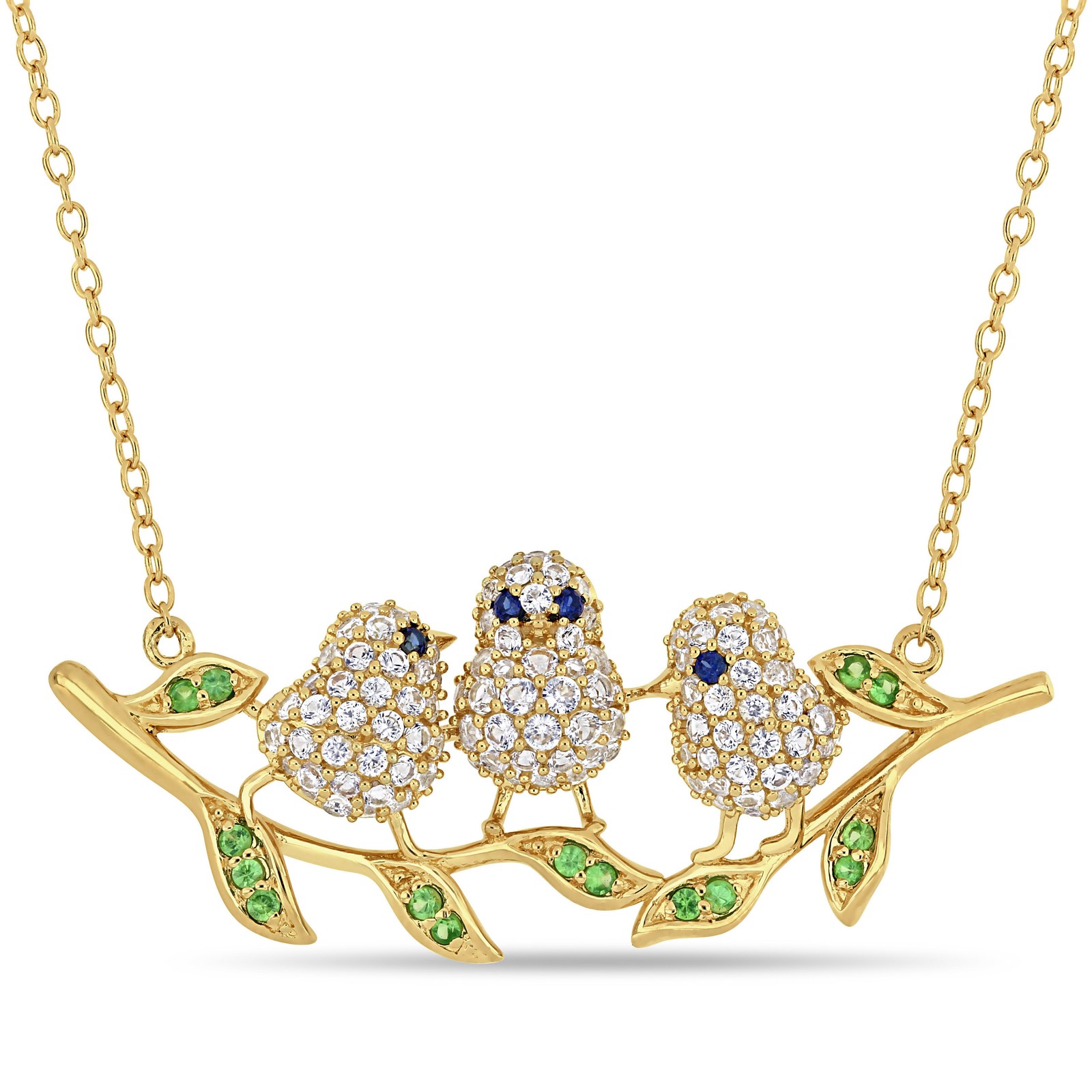 Amour Yellow Plated Sterling Silver with Black Rhodium Gemstone 3-Bird Necklace