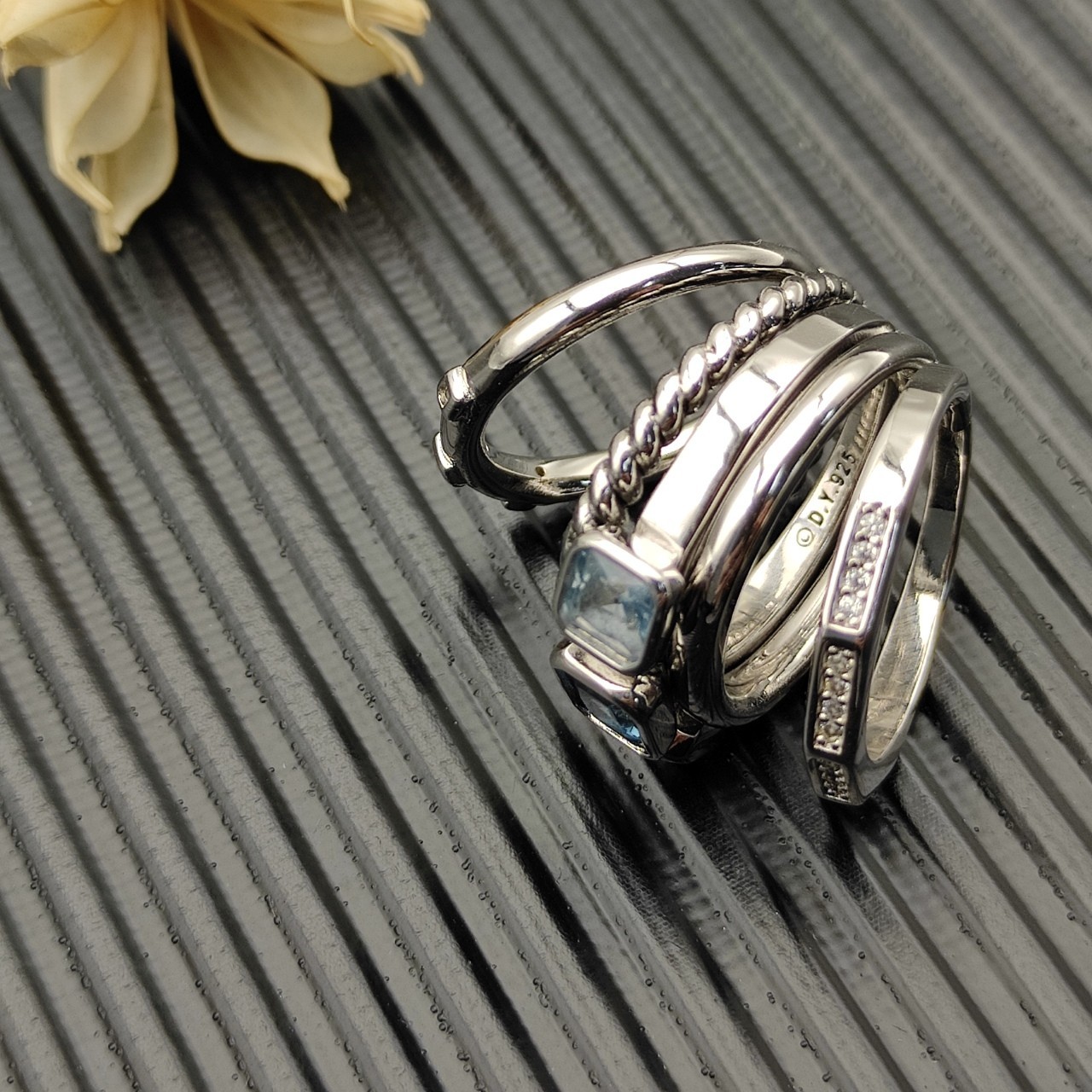 David Yurman 925 Silver Blue Topaz Diamond Multi Band Wrap Stack Ring sz 9
