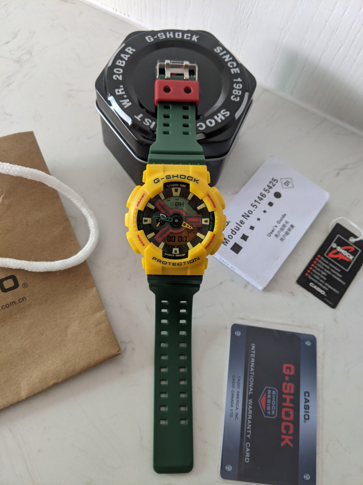 Casio G-Shock GA-110 Men’s Analog Digital Watch Yellow Green Box Papers