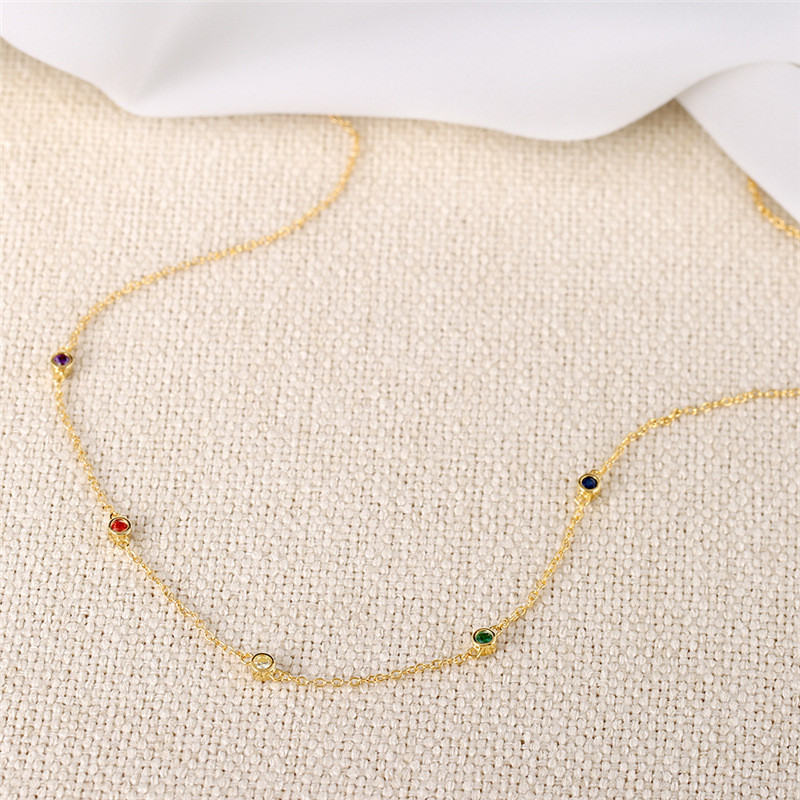 Gold Plated 925 Sterling Silver Multicolor CZ Station Necklace for Women