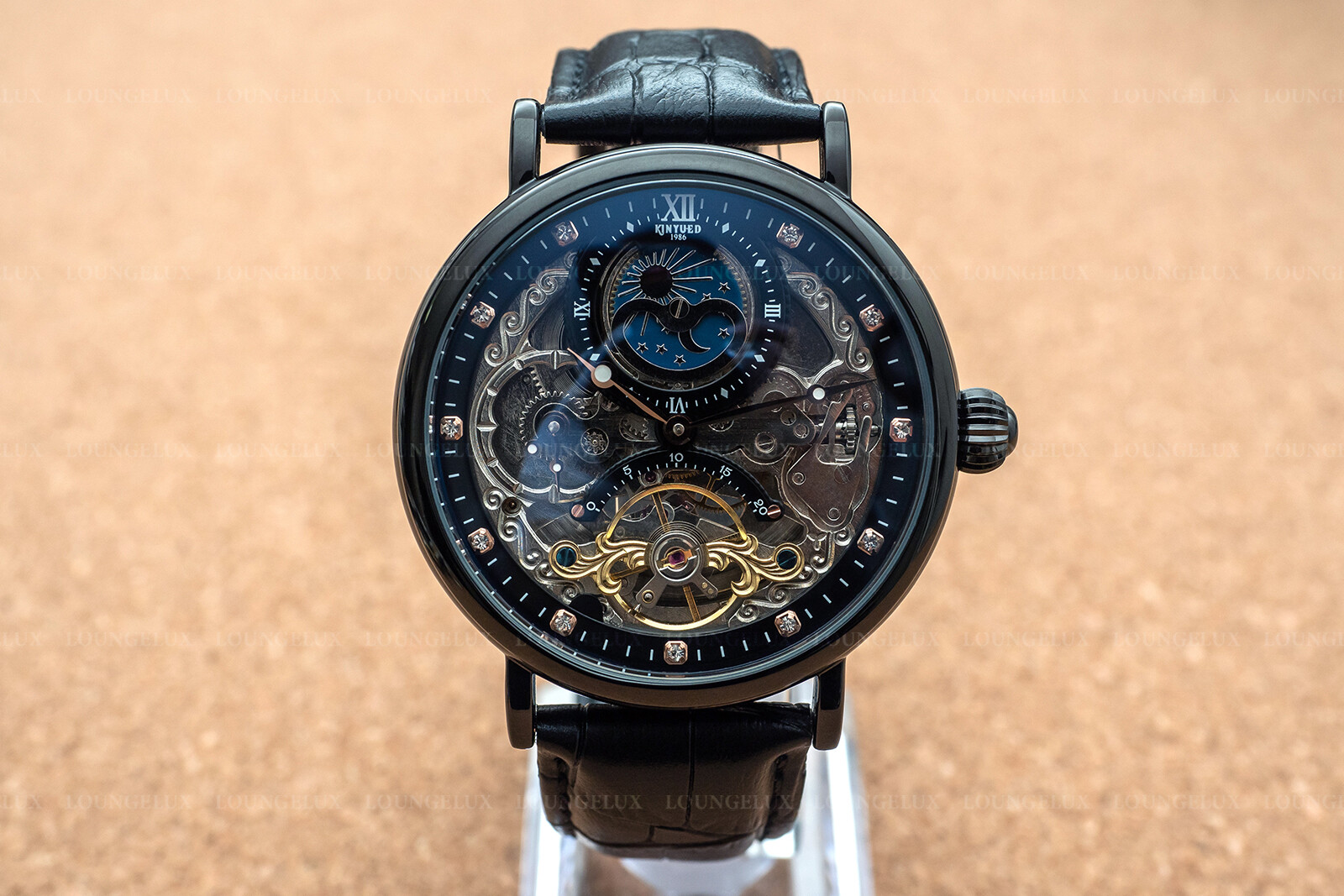 Mens Dual Time Flywheel Skeleton Automatic Mechanical Watch Black Leather Band