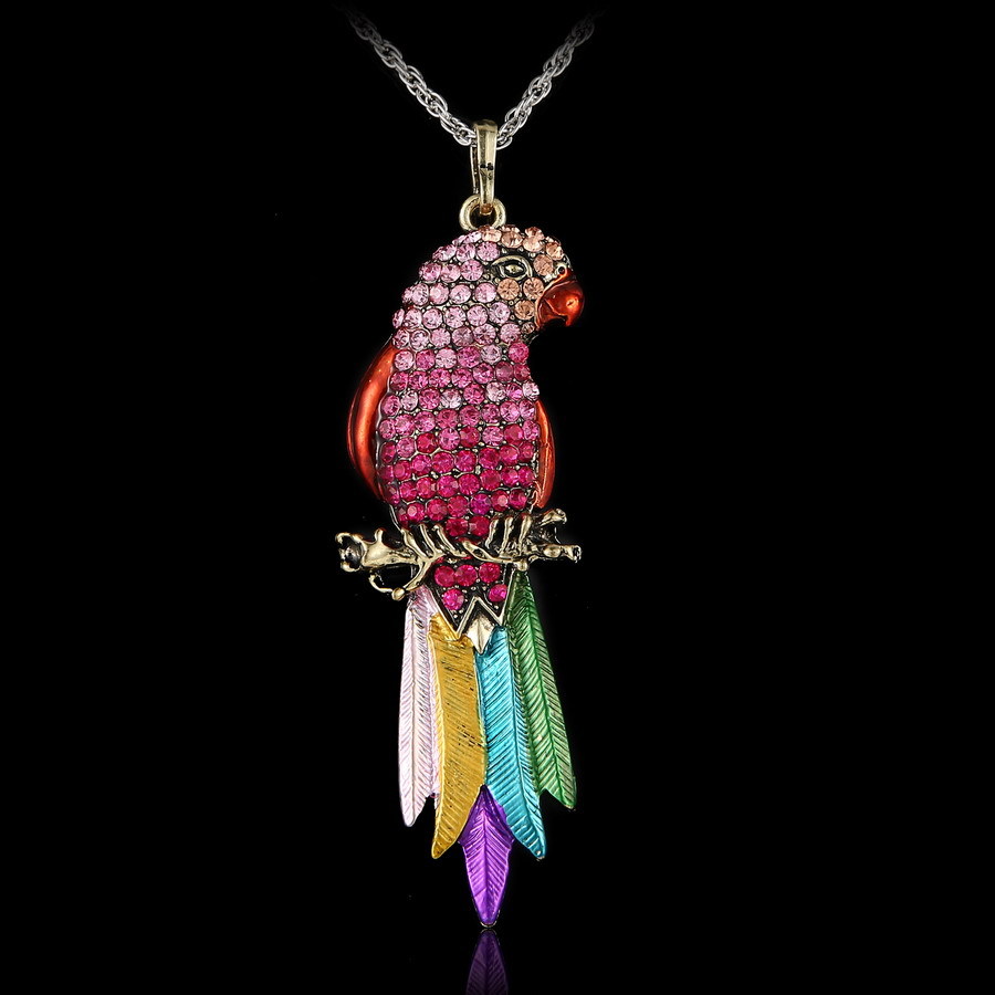 Blue Green Pink Brown White Crystal Rhinestone Parrot Bird Pendant Necklace Chai