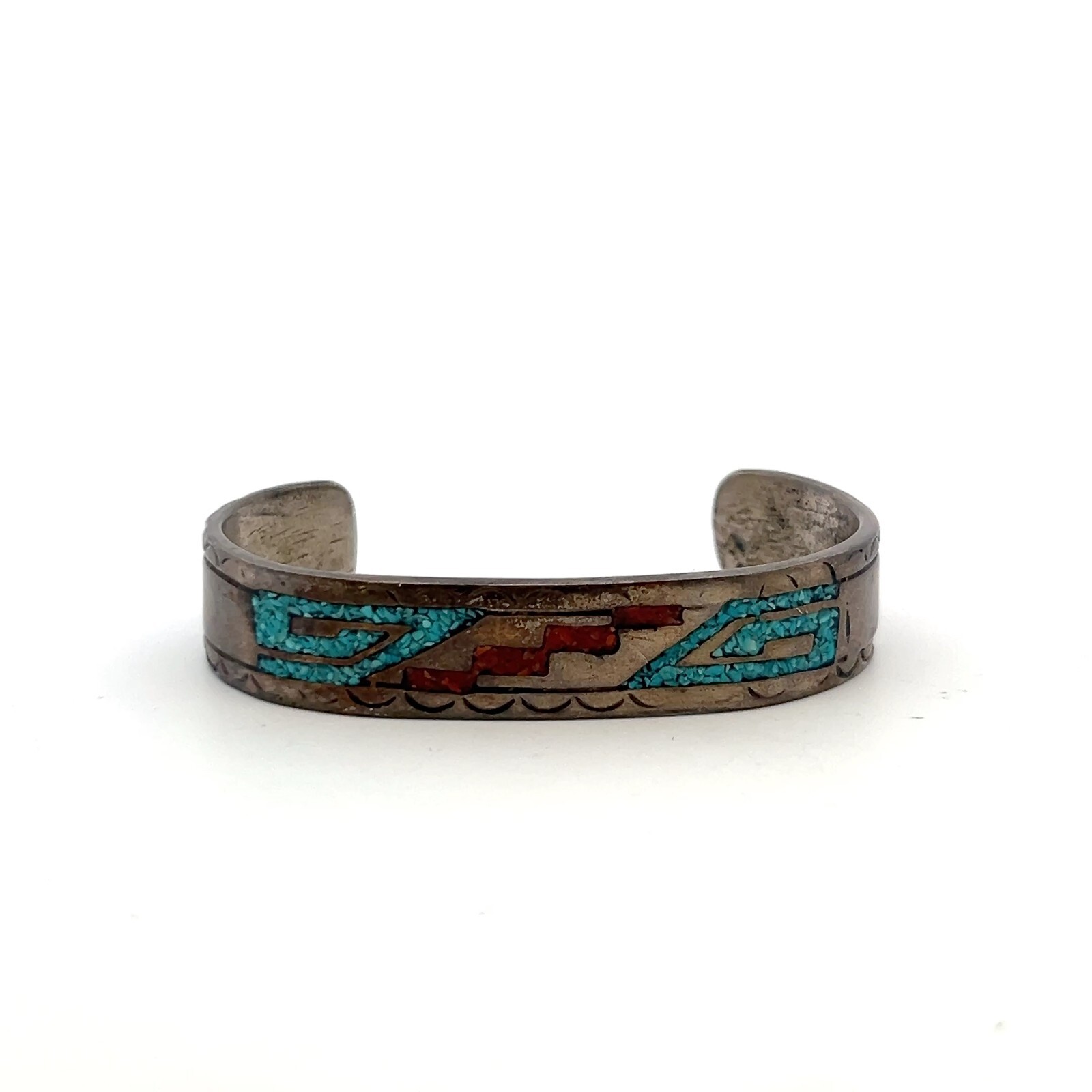 Silver Vintage Native Southwestern 13.4mm Inlaid Turquoise Cuff Bracelet