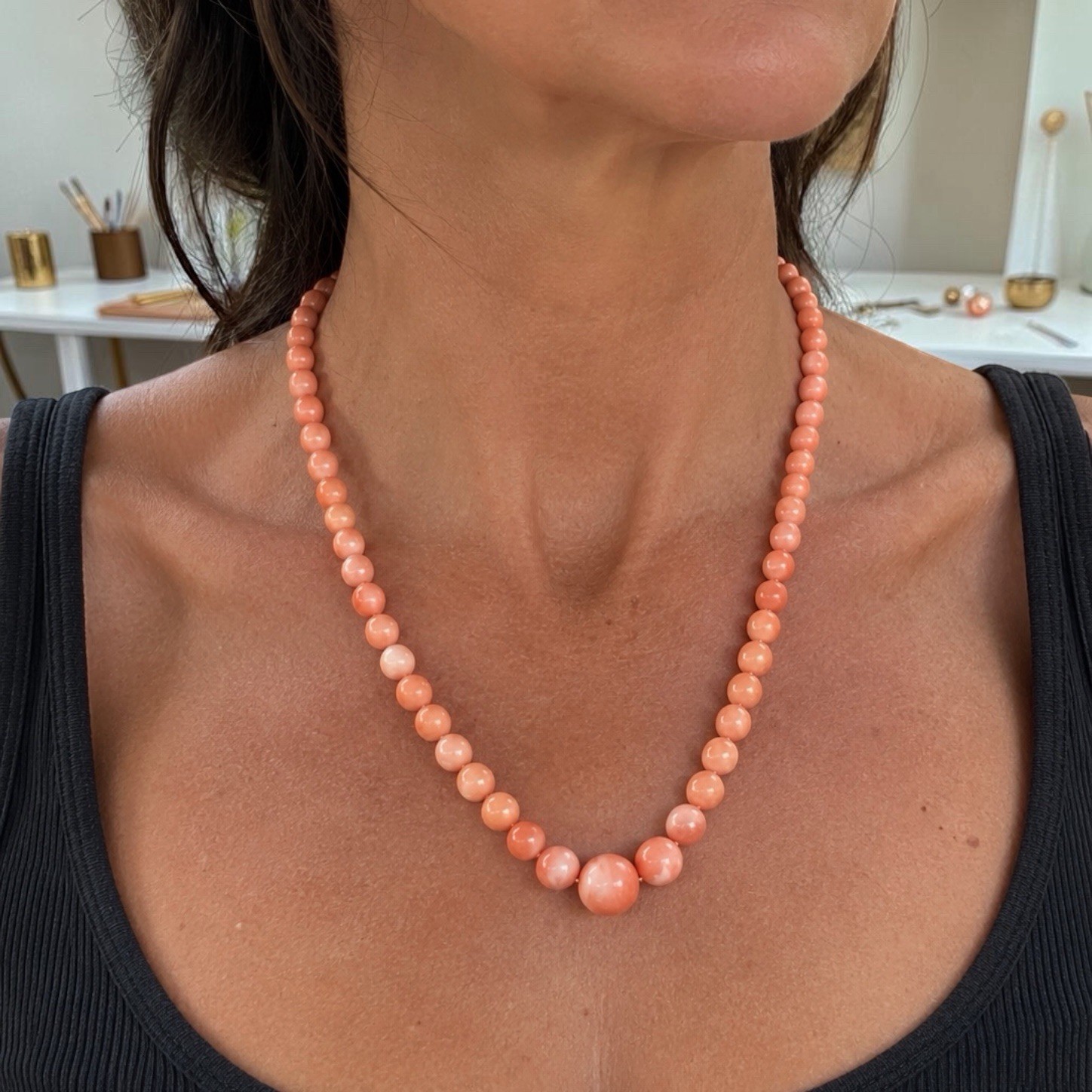 Vintage 1960’s 18K Yellow Gold Pink Coral Graduating Beaded Necklace 13.50mm 20”