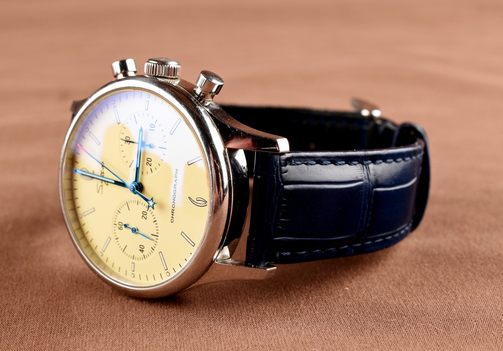 *Sugess Chronograph Mechanical II ST1901 Stainless Steel, Navy Leather Bracelet