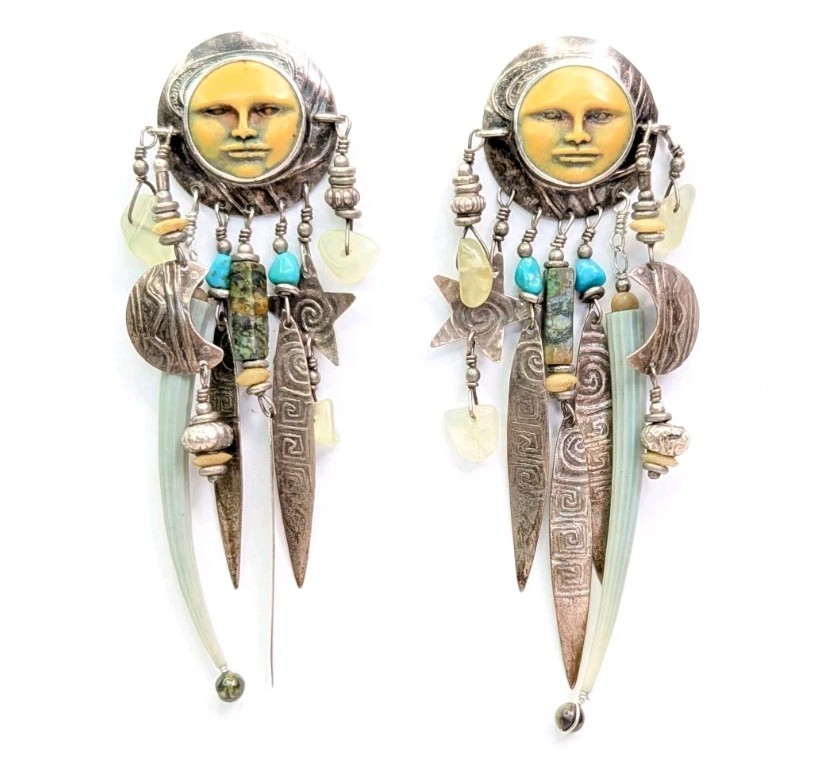 Vintage Tabra Moon Face Dangle Earrings Celestial Charms Sterling Silver 3.75 In
