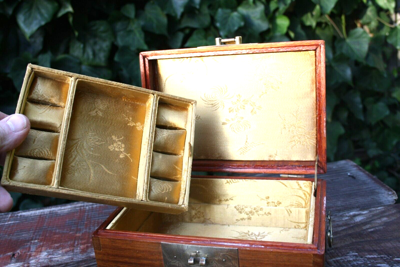 Vintage Chinese Wood & Brass Jewelry Box with Gold Silk Lining Dovetailed