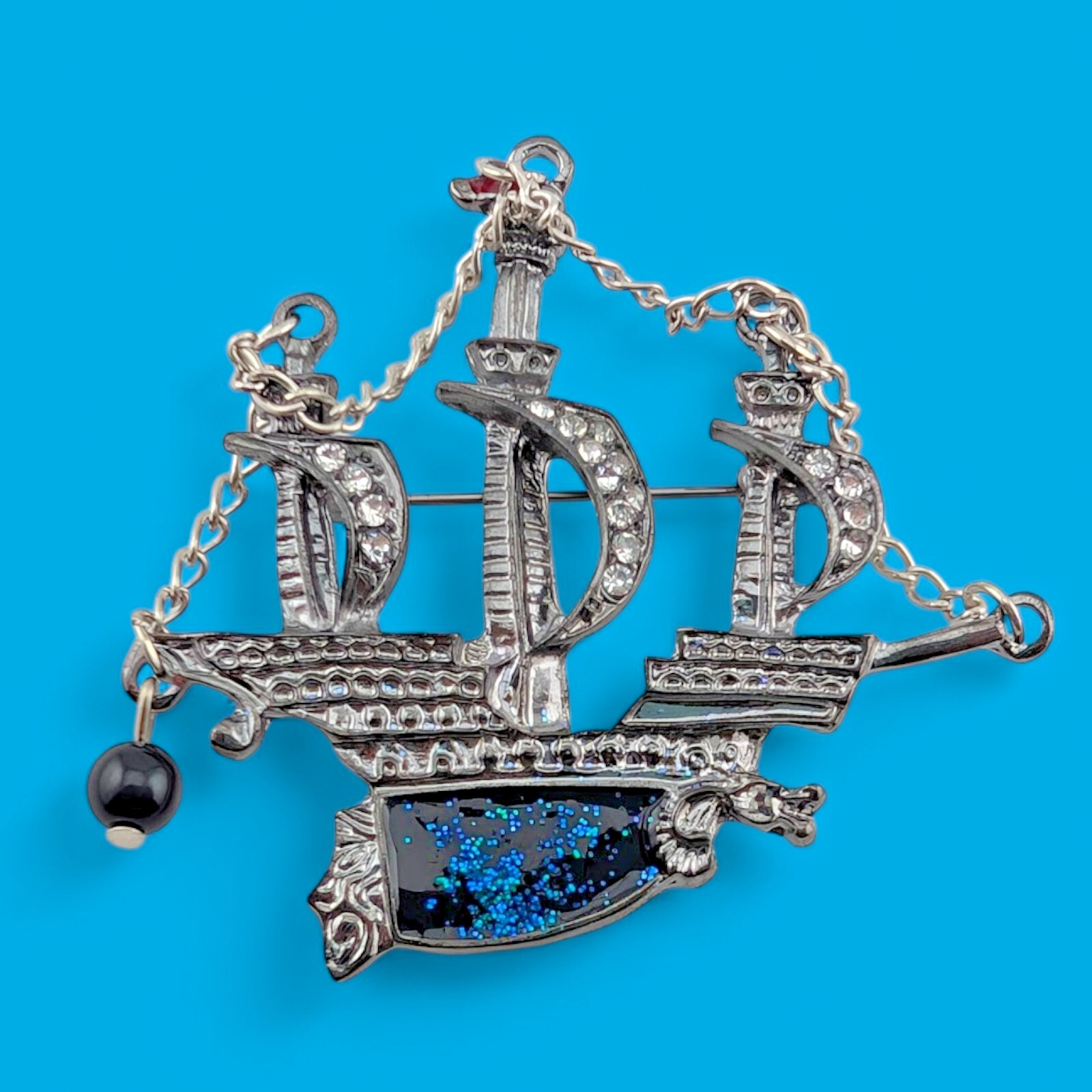 BLACK PIRATE SHIP BROOCH tall boat rhinestone silver nautical steampunk pin 2W