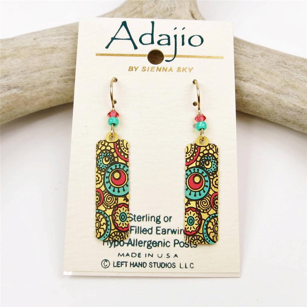 Adajio Earrings Tan Column with Circle Pattern in Turquoise & Salmon Handmade