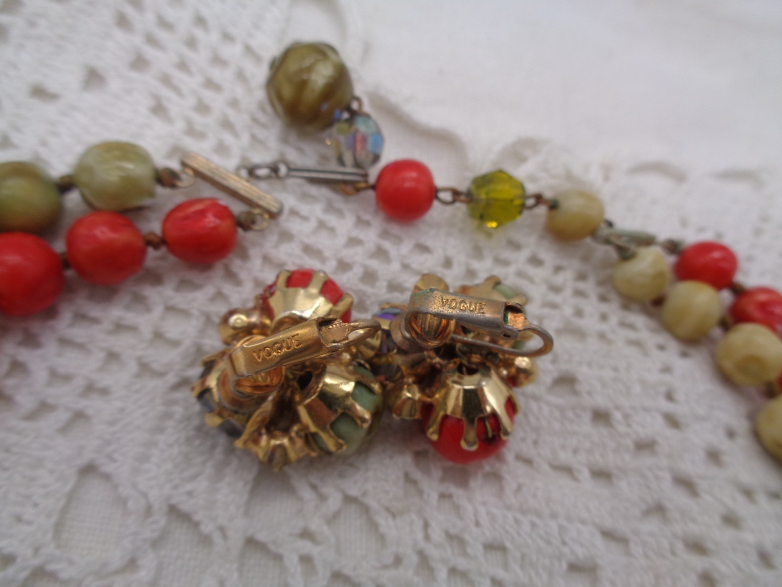 Vintage Signed VOGUE Orange Brown Green BEAD NECKLACE & EARRINGS SET