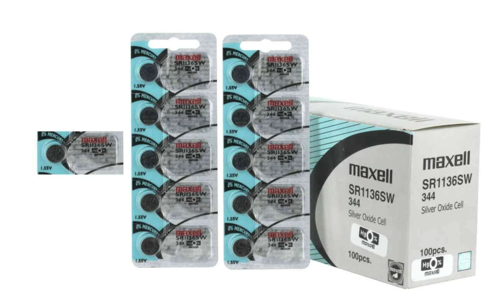 Maxell 344 (SR1136SW) 1.55V Silver Oxide Watch Batteries – Pack of 100 Batteries