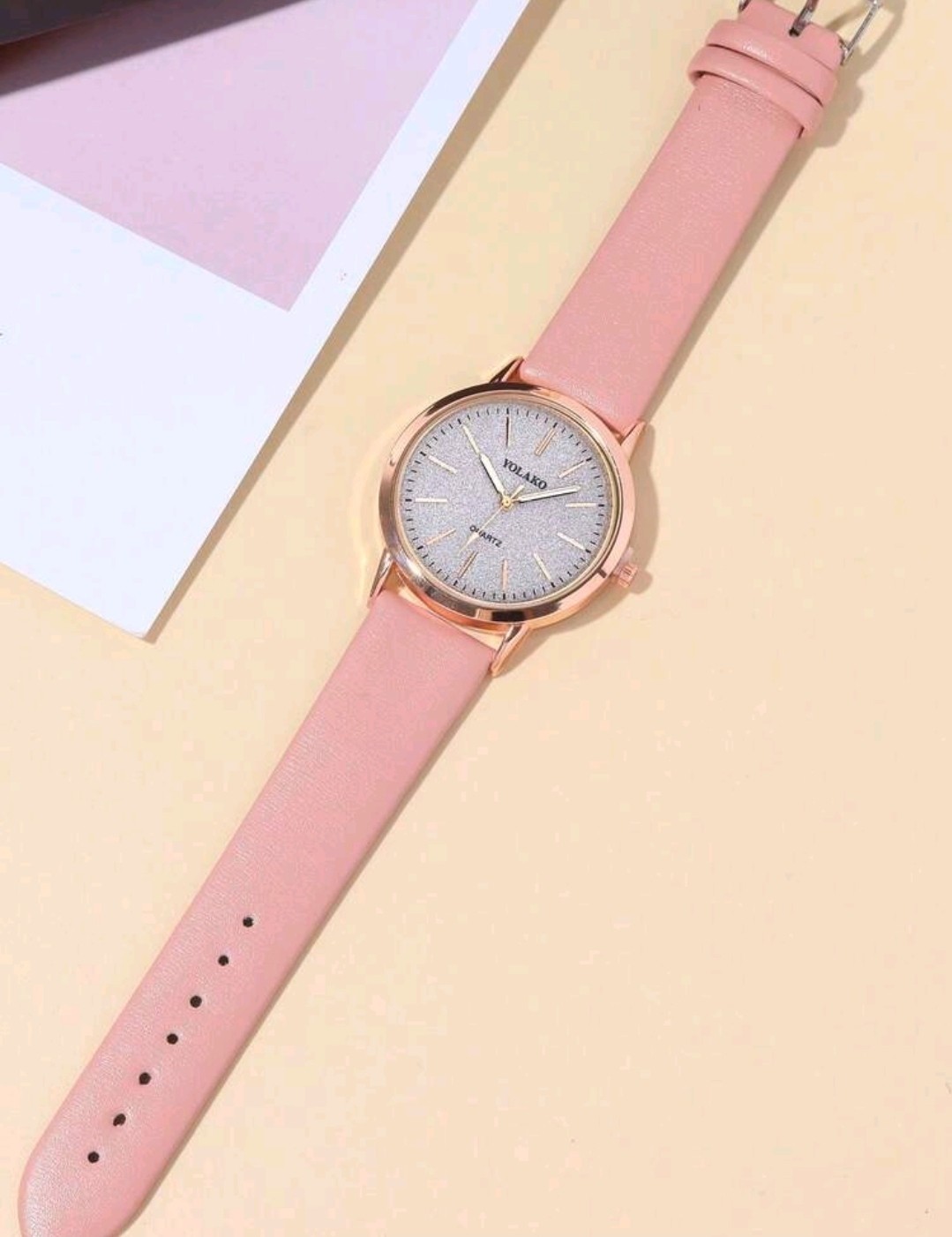 Women’s Rose Gold Glitter Dial Quartz Watch Pink PU Leather Strap Casual…