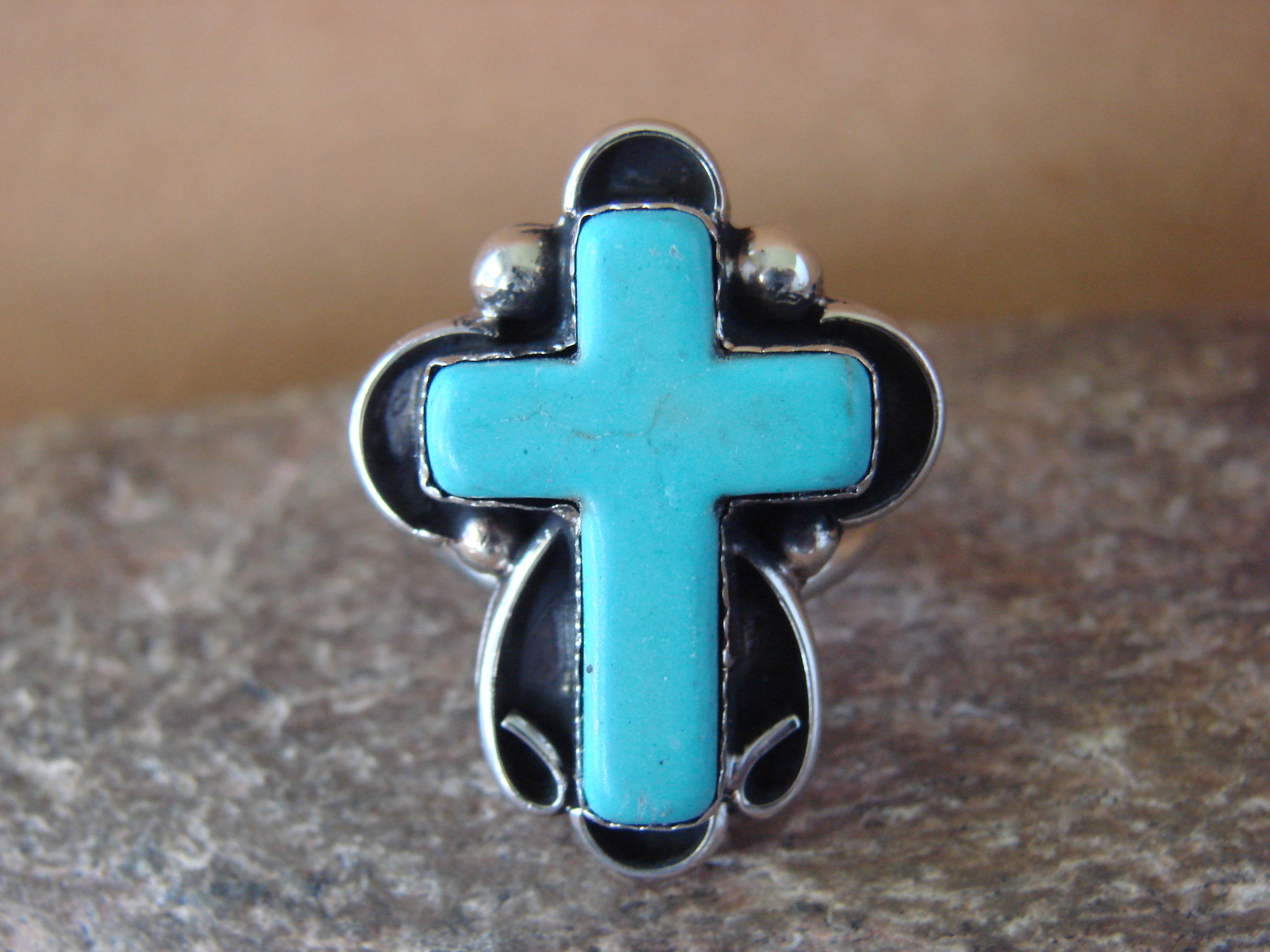 Native American Nickle Silver Turquoise Cross Ring Size 8 by Phoebe Tolta