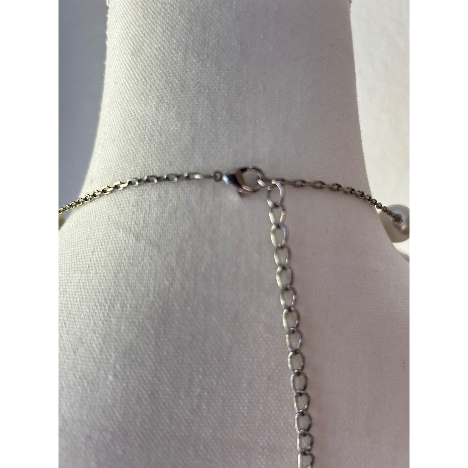 Faux Pearl Rhinestone Pave Ball Station Necklace Silver Tone Long Adjustable