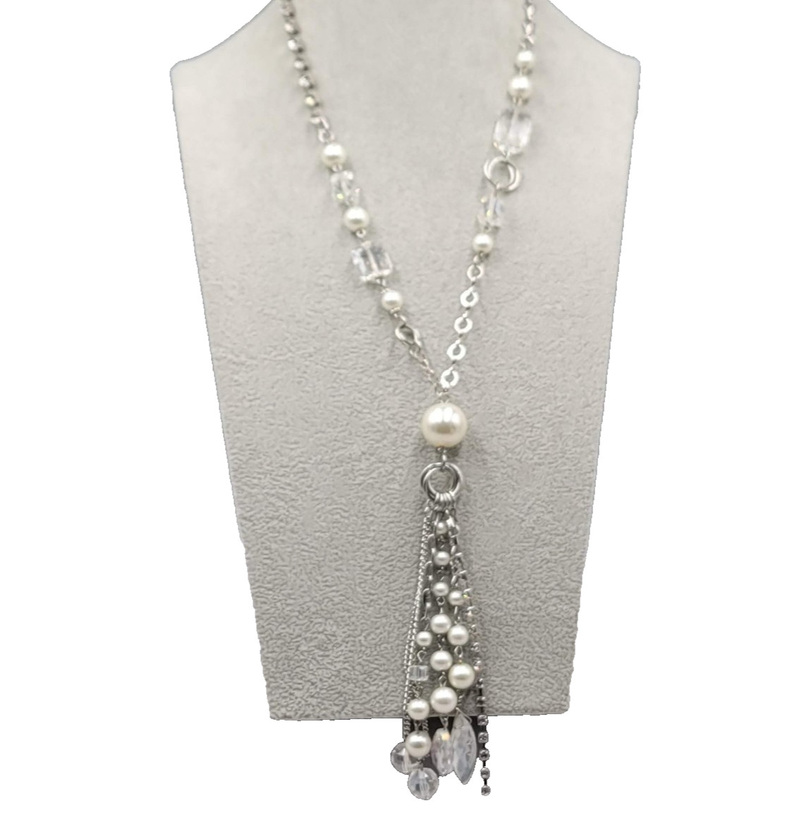 White & Clear Bead Tassel Chain Pendant Necklace Silver tone 32″ adj