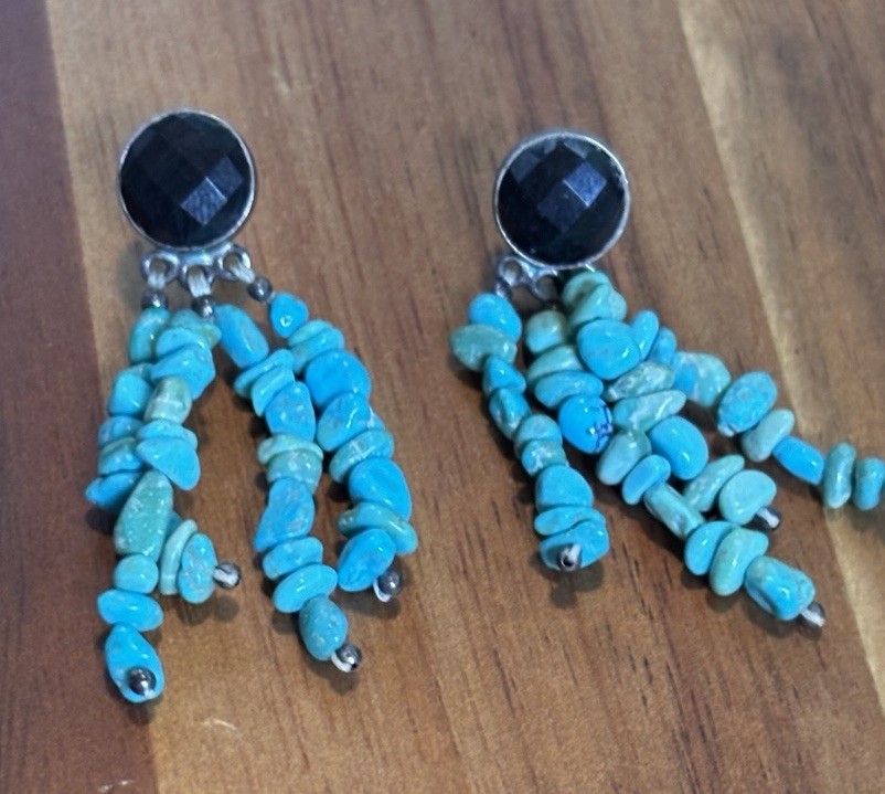 STERLING SILVER Dangle Fringe Earrings BLUE TURQUOISE BEADED Black Faceted Top