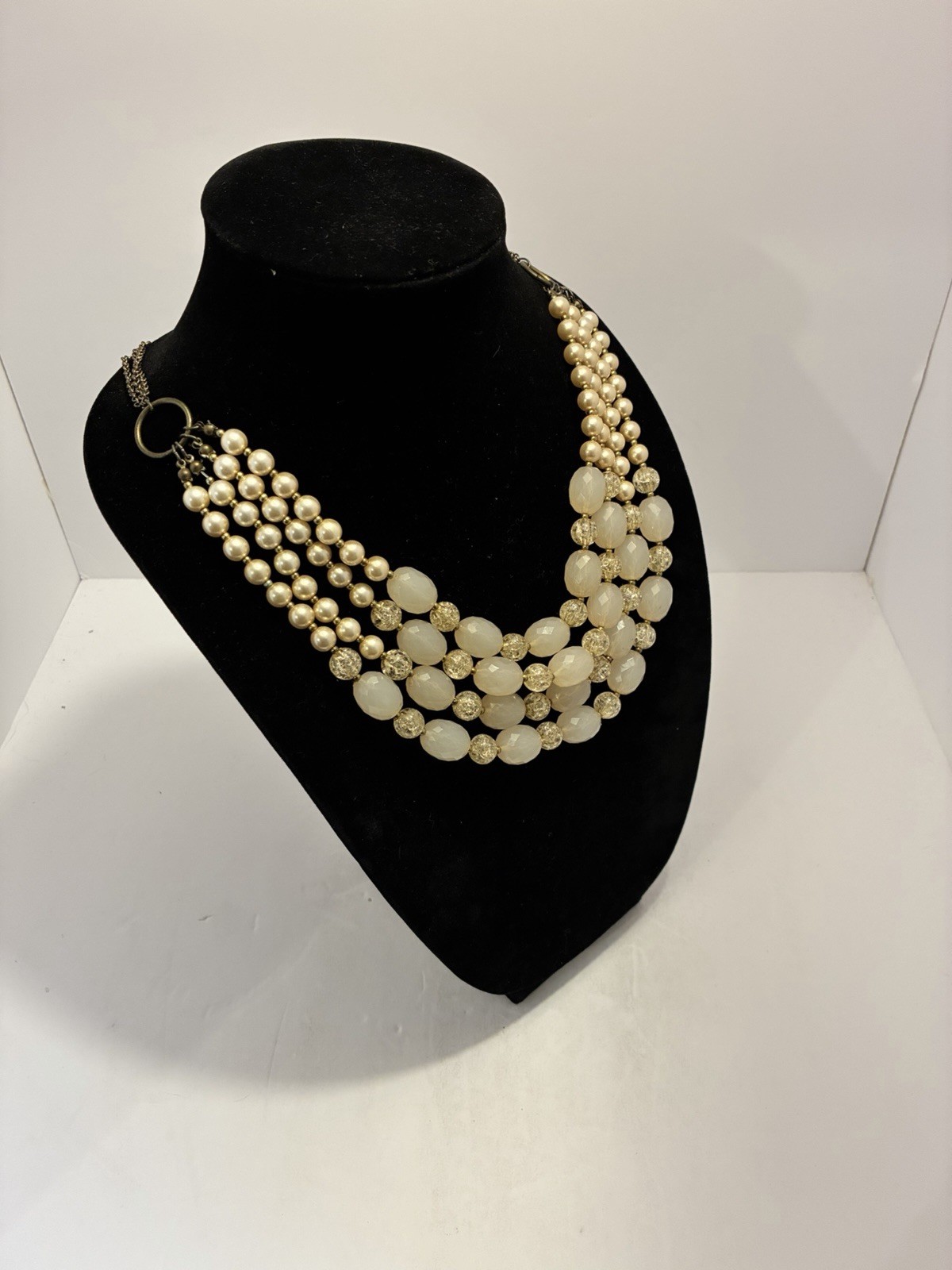Chunky Multi Strand Statement Necklace Pink Faux Pearl Acrylic Bead Bib Bronze