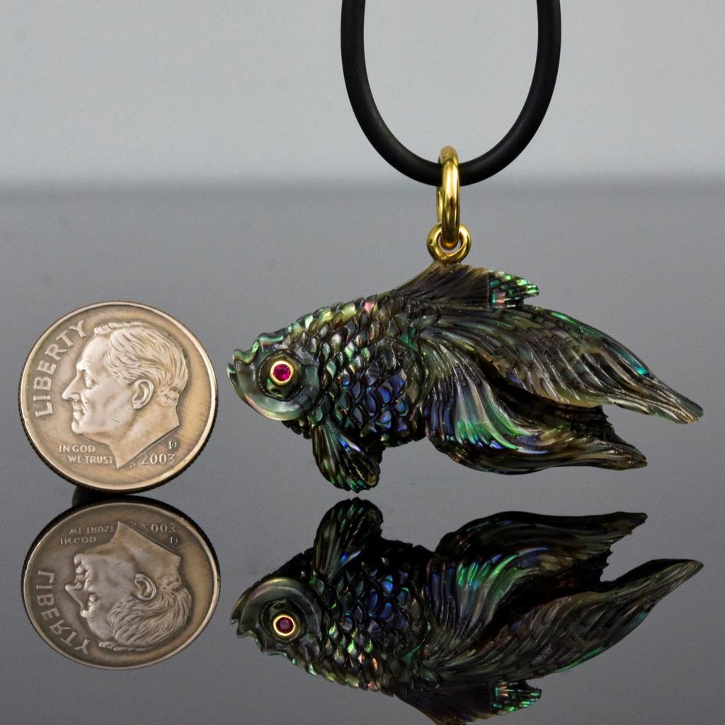 Gold Fish Pendant Carved Abalone Shell Gold Vermeil Sterling Silver Ruby 9.71g