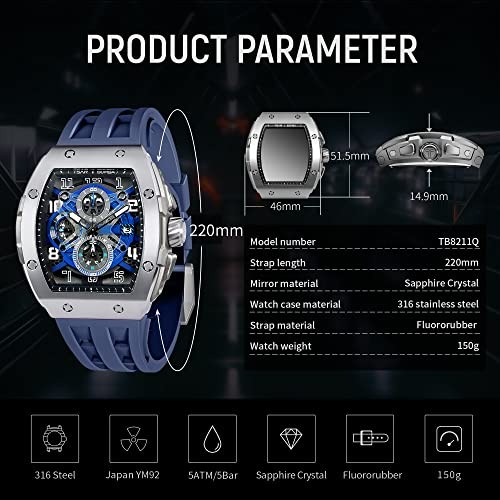 TSAR BOMBA Watch Tonneau Shape Silicone Strap SGLZ-TSAR BOMBA-8211 Silver Blue