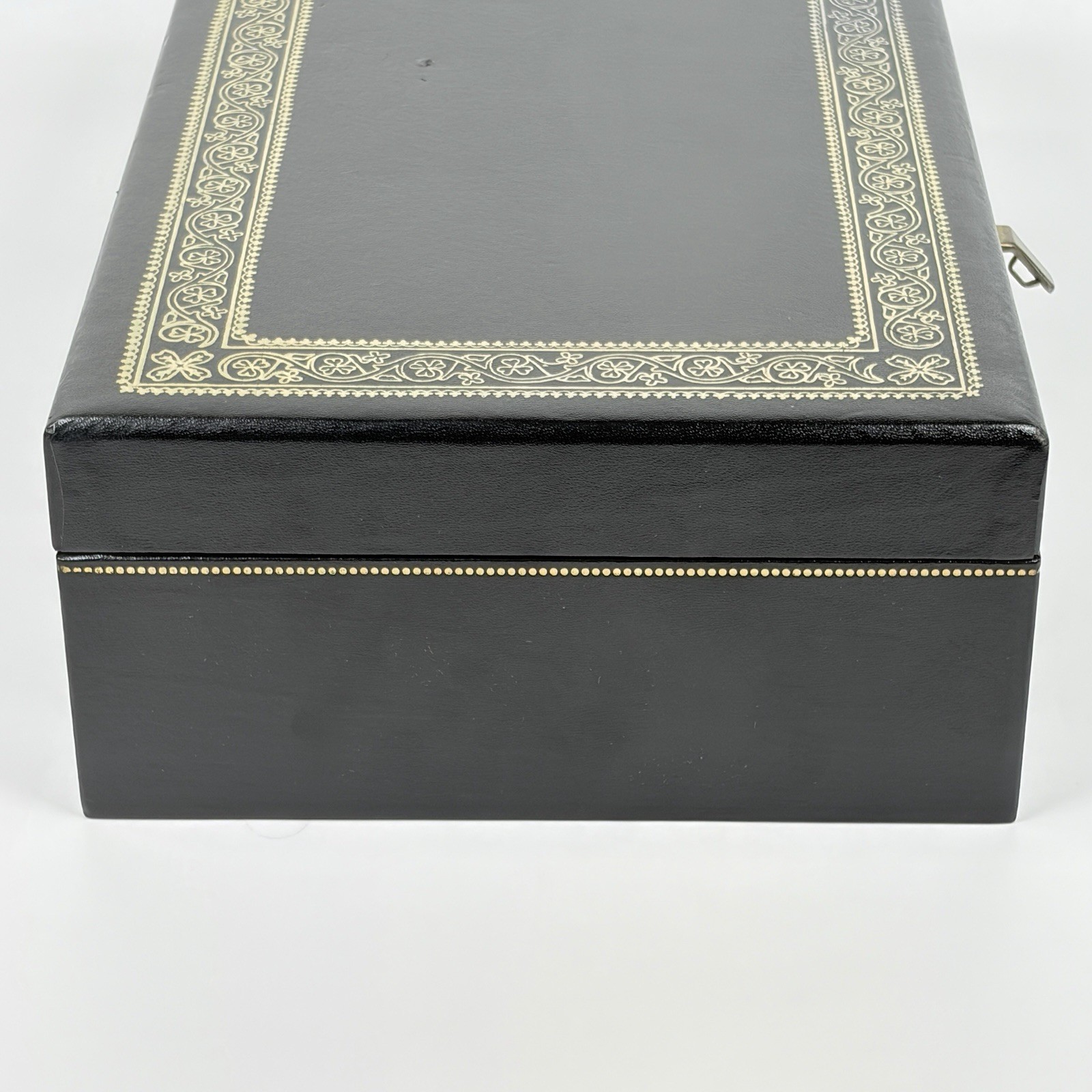 Vtg Black 2 Tier Jewelry Box Gold Clovers Dots Red Velvet Satin Lining NO Key