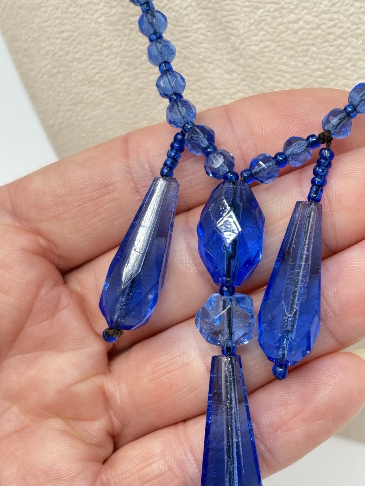 Antique Art Deco Blue Glass Bead Necklace Sautoir Flapper Teardrop 30″