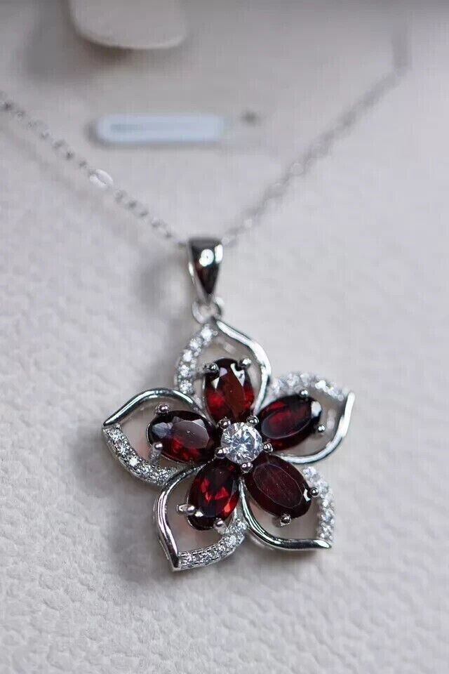 Women’s Gorgeous Flower Pendant Oval Simulated Red Garnet 14k White Gold Plated
