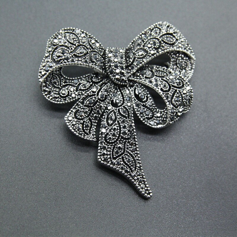 Vintage Black Color Rhinestone Bow Brooches for Women Large Bowknot Brooch Pin