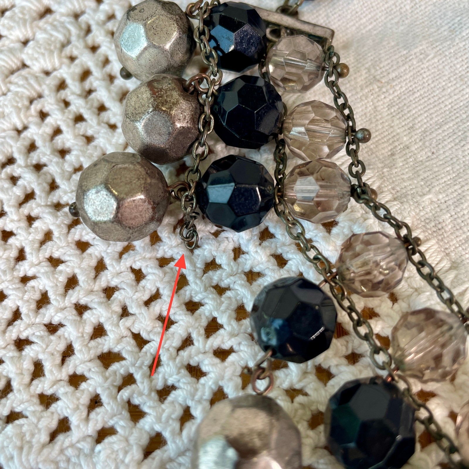 Statement Multi Strand Beaded Bib Necklace Silver Black Grey Ribbon Tie Boho