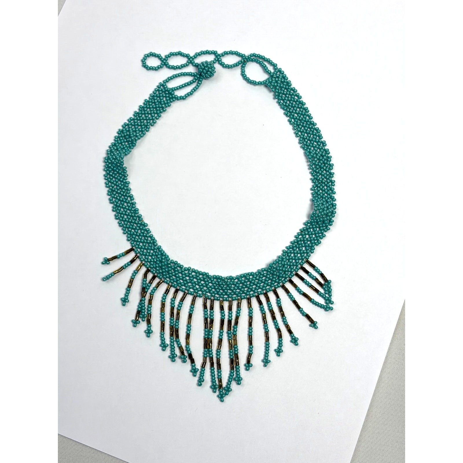 Blue Seed Beaded Choker Fringe Bib Necklace Native Handmade Vintage Western