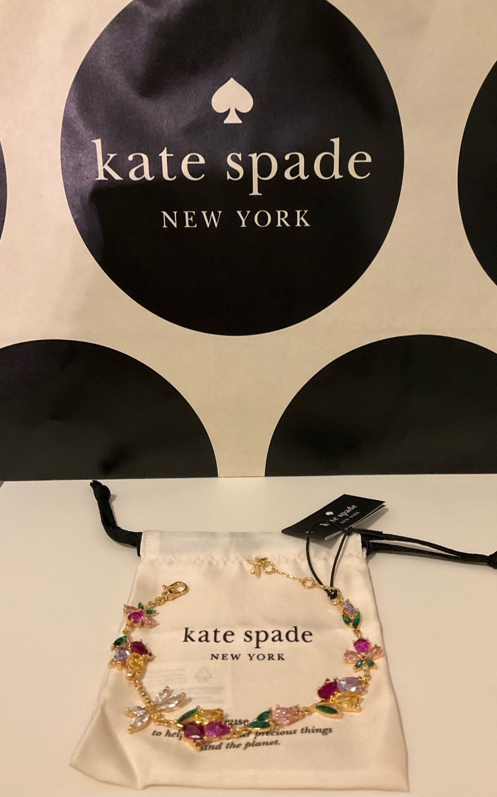 NWT Kate Spade Greenhouse Floral 12k Gold Plated CZ Crystals Bracelet